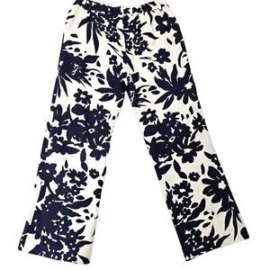 Soft Surroundings Womens Small Linen Pant Cropped Satin Lined Navy Blue Tropical
